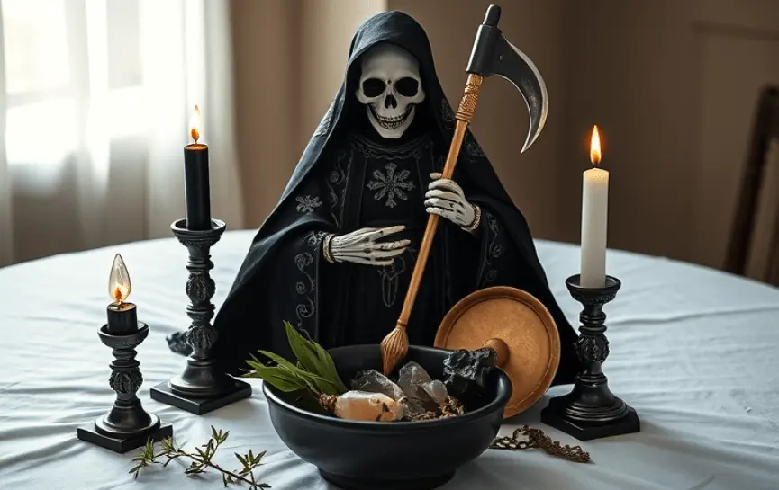 Oración a la Santa Muerte para Alejar Enemigos: Figura de la Santa Muerte vestida con un manto negro decorado con bordados plateados, sosteniendo una guadaña. El altar incluye velas negras y blancas encendidas, un cuenco con cristales, hierbas y una cadena dorada.