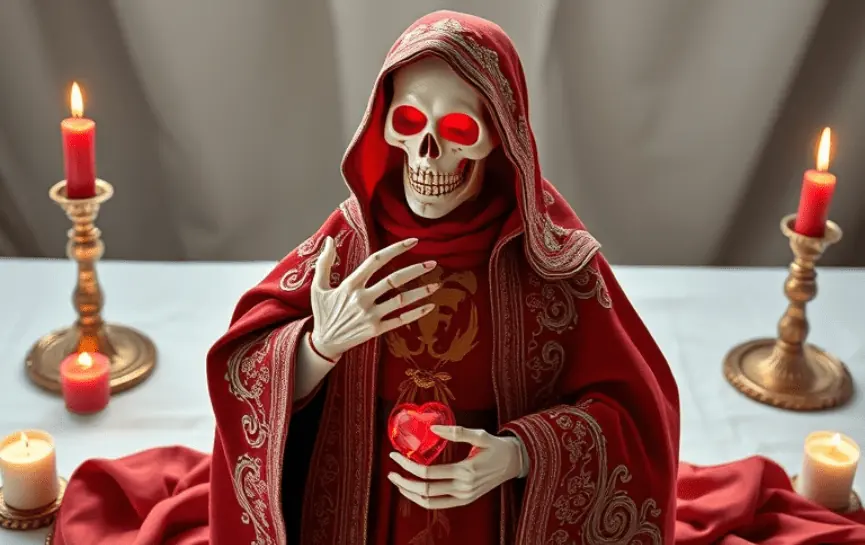 Oración a la Santa Muerte para Amansar: Estatua de la Santa Muerte en túnica roja con detalles dorados, sosteniendo un corazón de cristal rojo. Altar con velas rojas y blancas, creando un ambiente místico y de devoción.