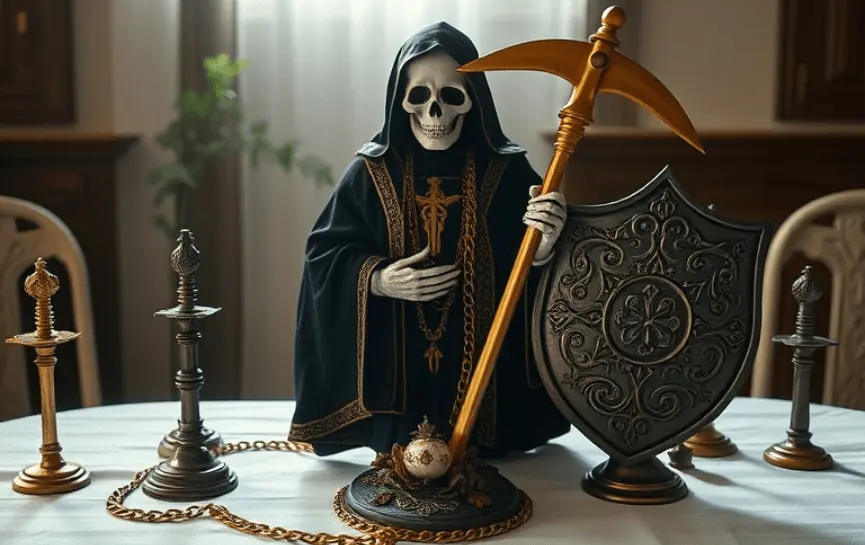 Oración a la Santa Muerte para Derrotar Enemigos: Estatua de la Santa Muerte vestida de negro con detalles dorados, sosteniendo una guadaña dorada y un gran escudo ornamentado. Altar con candelabros de metal, una cadena dorada y una base decorativa.