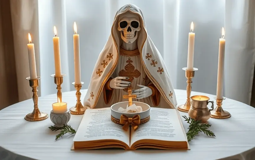 Oración de la Santa Muerte Jesucristo Vencedor: Estatua de la Santa Muerte con túnica blanca y detalles dorados, sosteniendo un crucifijo. Altar con velas blancas, un libro abierto con una oración, una copa dorada y un pequeño recipiente decorado con un lazo dorado.