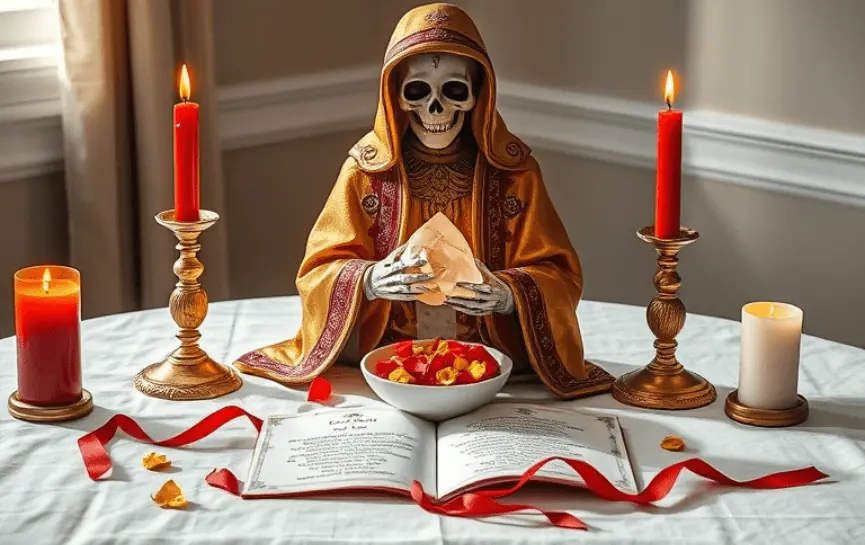 Oración de la Santa Muerte Ven a Mí: Figura de la Santa Muerte vestida de dorado, con un manto adornado con símbolos. Altar con velas rojas y doradas, un tapete con decoraciones, un libro abierto con una oración y una cinta roja esparcida.