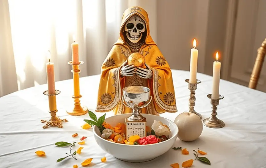 Oración a la Santa Muerte para el Primer Día del Mes: Figura de la Santa Muerte con manto dorado sosteniendo una esfera amarilla. Altar con velas encendidas en tonos blanco, amarillo y verde, un bol con pétalos y un calendario.