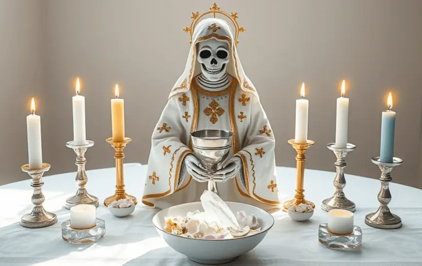 Oración de la Santa Muerte para un Difunto: Figura de la Santa Muerte con túnica blanca y bordados dorados, sosteniendo un cáliz. Altar con cuatro velas encendidas, candelabros plateados y dorados, un bol con cristales blancos y flores, y una decoración minimalista en tonos claros.