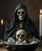 Qué pasa Cuando no le Cumples a Santa Muerte: Figura de la Santa Muerte vestida de negro con detalles dorados, acompañada de una calavera en un bol con cristales blancos. Altar con velas negras y blancas encendidas, rodeado de un ambiente oscuro.