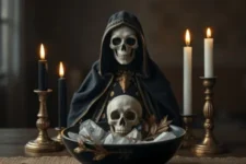 Qué pasa Cuando no le Cumples a Santa Muerte: Figura de la Santa Muerte vestida de negro con detalles dorados, acompañada de una calavera en un bol con cristales blancos. Altar con velas negras y blancas encendidas, rodeado de un ambiente oscuro.
