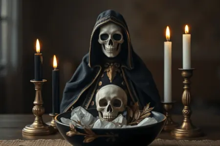 ¿Qué Pasa Si No Le Cumples a la Santa Muerte? 2 Qué pasa Cuando no le Cumples a Santa Muerte: Figura de la Santa Muerte vestida de negro con detalles dorados, acompañada de una calavera en un bol con cristales blancos. Altar con velas negras y blancas encendidas, rodeado de un ambiente oscuro.