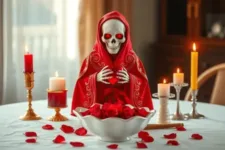 Santa Muerte Roja La pasión y el deseo ardiente: Estatua de la Santa Muerte vestida de rojo intenso, con ojos iluminados en rojo. El altar presenta velas de diferentes tamaños, pétalos de rosa esparcidos y un bol blanco con rosas rojas.