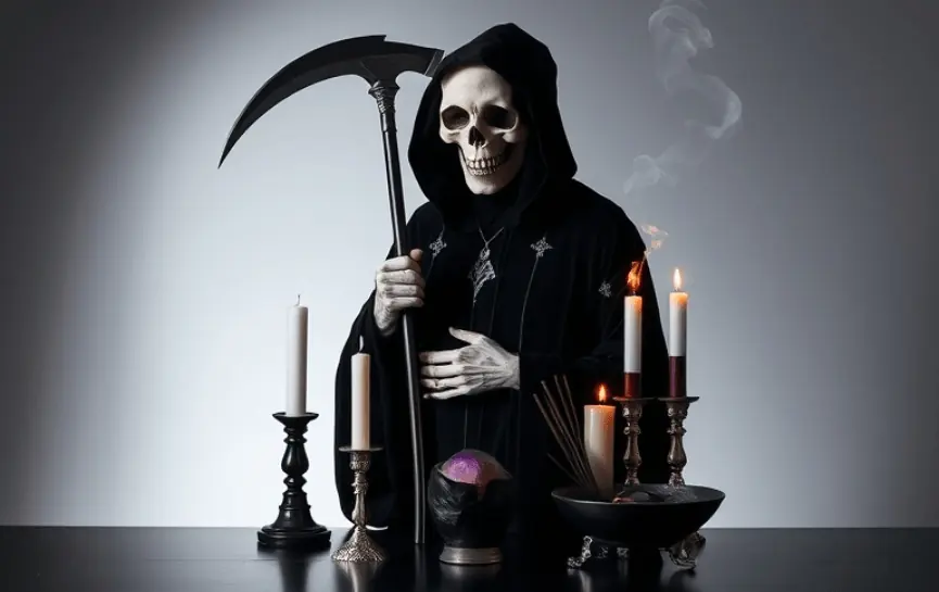 Soñar con la Santa Muerte Negra: Estatua de la Santa Muerte vestida de negro con símbolos místicos, rodeada de velas blancas y rojas. Altar con un cuenco negro, incienso encendido y una esfera brillante.