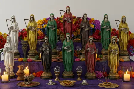 Cómo Pedirle Ayuda A La Santa Muerte Sin Depender De Brujos 1 Cómo crear un espacio sagrado sin necesidad de un ritual costoso: Altar escalonado con estatuas de la Santa Muerte en diversos colores, rodeadas de velas, flores y objetos rituales.