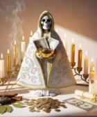 Oración Poderosa a la Santa Muerte para Eliminar Bloqueos Económicos: Estatua blanca de la Santa Muerte con capa bordada, altar iluminado con velas doradas, monedas, hojas de laurel, billetes y pergamino, representando apertura financiera.