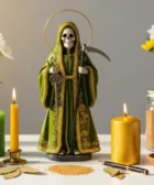 Oración Poderosa a la Santa Muerte para Mejorar la Situación Laboral: Estatua de la Santa Muerte verde con aureola, llaves y guadaña, en altar con velas y elementos laborales.