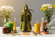 Oración Poderosa a la Santa Muerte para Mejorar la Situación Laboral: Estatua de la Santa Muerte verde con aureola, llaves y guadaña, en altar con velas y elementos laborales.