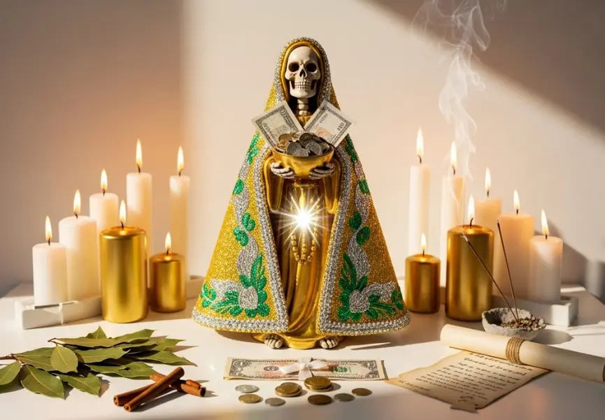 Oración a La Santa Muerte Para Abrir Caminos Financieros 10 Oración a La Santa Muerte Para Abrir Caminos Financieros: Figura dorada de la Santa Muerte con capa bordada y billetes en su copa, rodeada de velas encendidas, incienso y ofrendas monetarias.