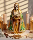 Oración poderosa a la Santa Muerte para abrir caminos financieros: Imagen de altar con figura de la Santa Muerte en dorado y verde, velas blancas y doradas, billetes, monedas y canela.