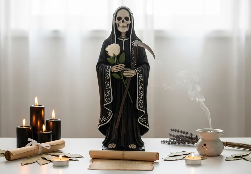 La Santa Muerte Negra 19 Imagen de La Santa Muerte Negra: Una figura de la Santa Muerte Negra con detalles blancos, sosteniendo una guadaña, rodeada por velas negras y un recipiente con sal y flor blanca en un altar minimalista.