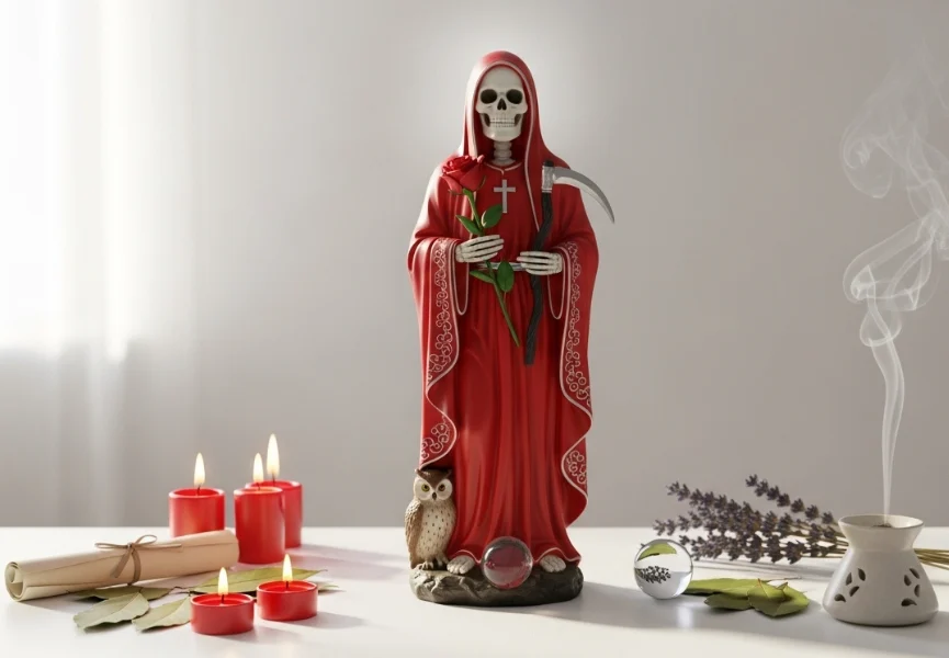 La Santa Muerte Roja 18 Imagen de La Santa Muerte Roja: Una estatua de la Santa Muerte Roja con una corona dorada, portando una guadaña, acompañada de tres velas rojas encendidas, pétalos de rosas rojas y un pergamino enrollado con cinta dorada, decorando un altar iluminado por la luz natural.