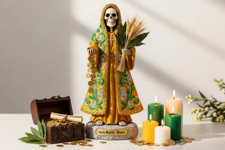 Oración a la Santa Muerte para el Dinero 1 Oración a la Santísima Muerte para el dinero: Figura de la Santa Muerte dorada con espigas y monedas, rodeada de velas verdes y amarillas y un cofre de madera con pergaminos y monedas doradas sobre una mesa clara.